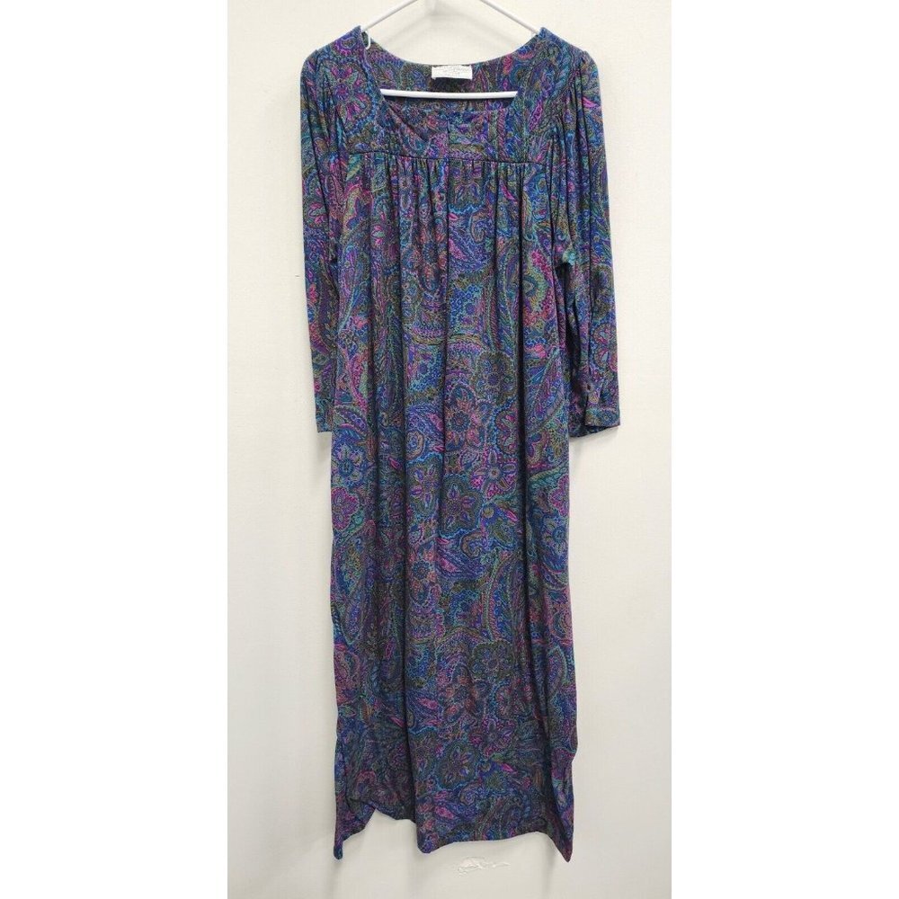 Vintage Miss Elaine Womens Nightgown Medium Blue Pink Paisley 1/2 Zip House Coat - Picture 1 of 7
